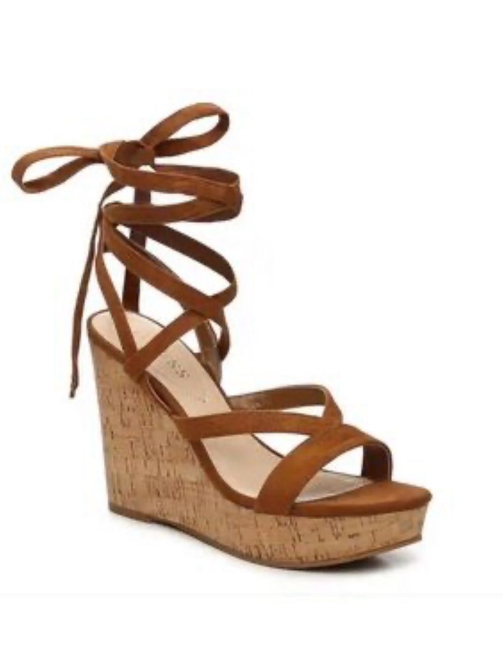 Guess Women's Tan Cork Wedge Sandals with Wrap Straps